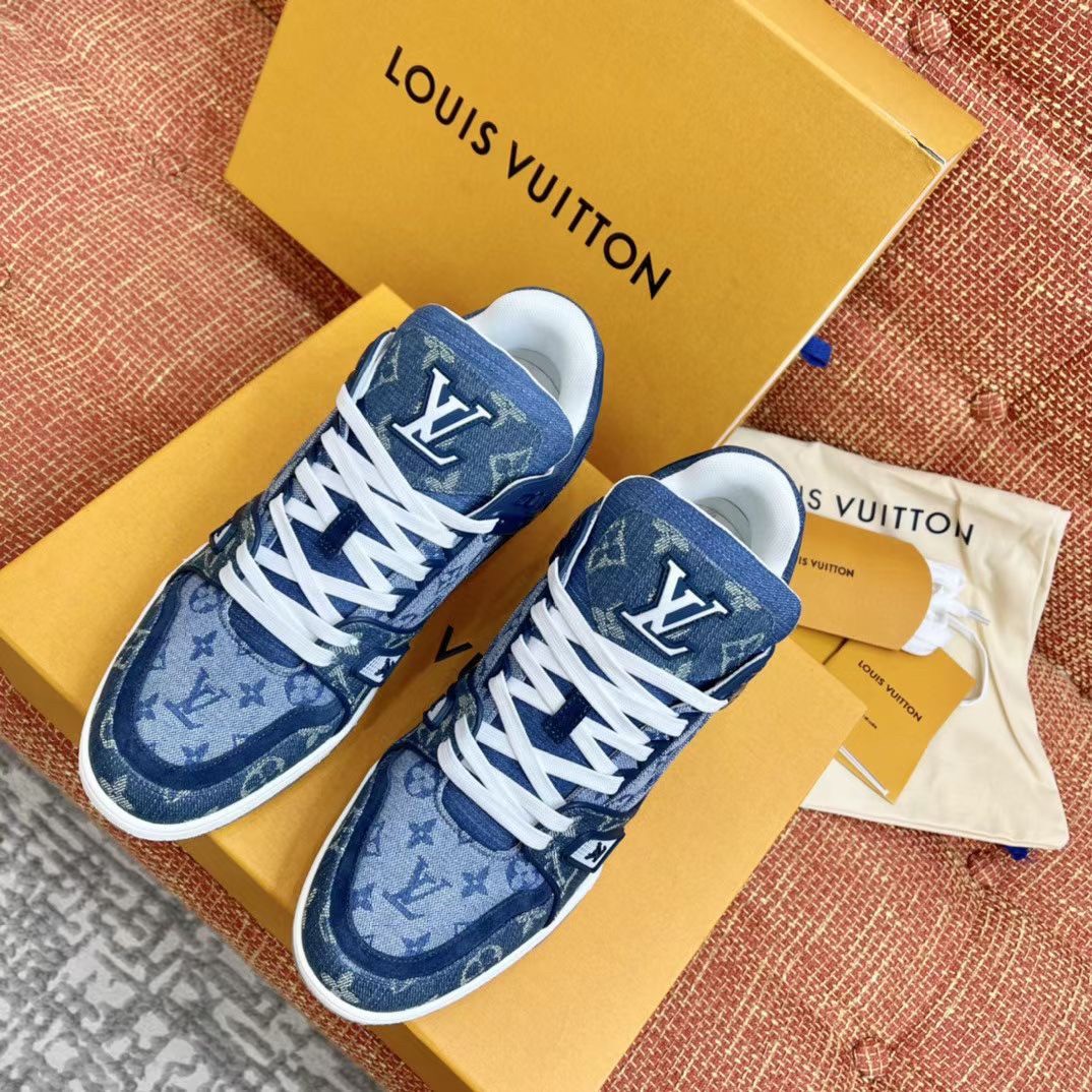 Replica Louis Vuitton Men's LV Trainer Sneakers In Blue Monogram Denim