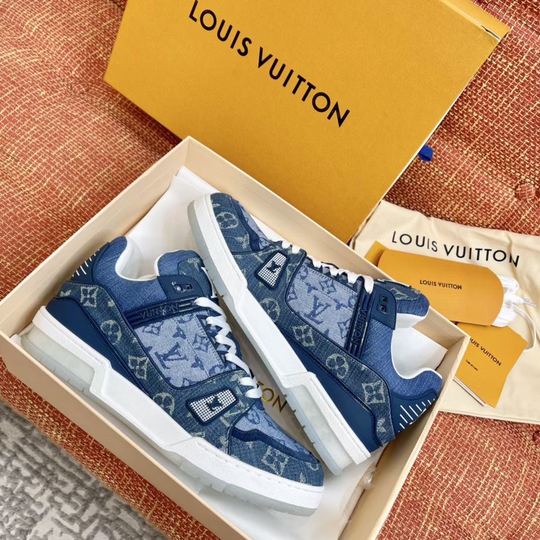 Louis Vuitton Men's Blue Denim Monogram Logo Low Top Trainers