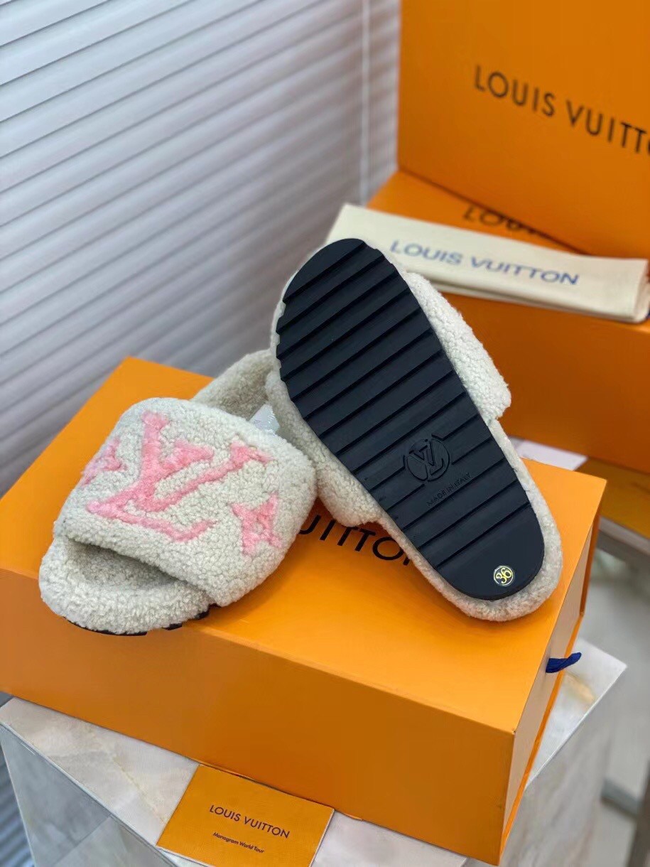 LOUIS VUITTON, Paseo flat comfort mule, beige sheepskin/shearling, decor  with classic LV logo and flowers in neon pink. Vintage clothing &  Accessories - Auctionet