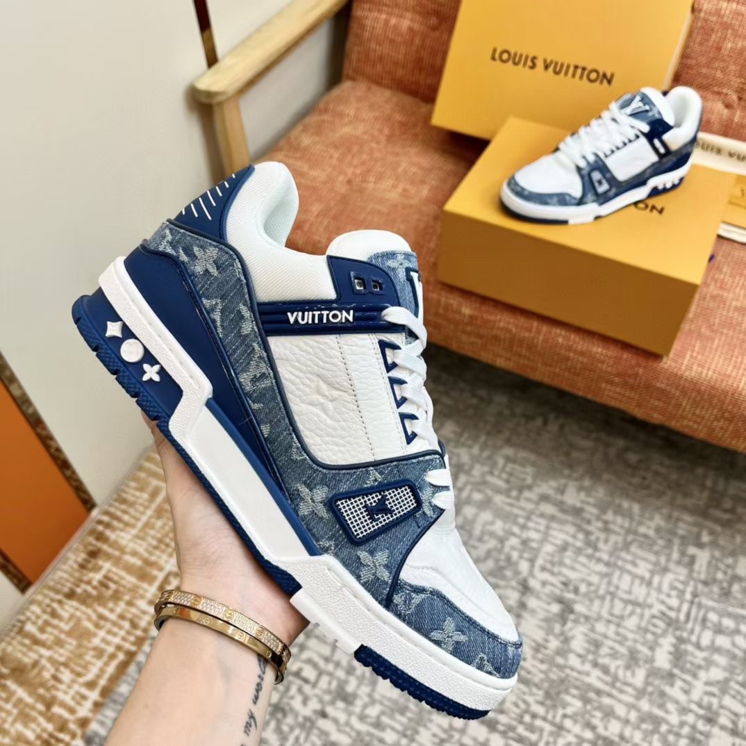 Replica Louis Vuitton LV Trainer Sneakers In Blue Monogram Denim