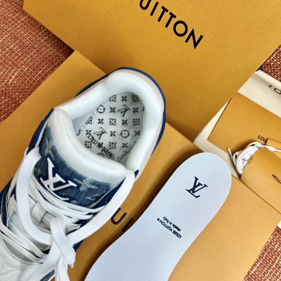 Replica Louis Vuitton Men's LV Trainer Sneakers In Blue Denim with