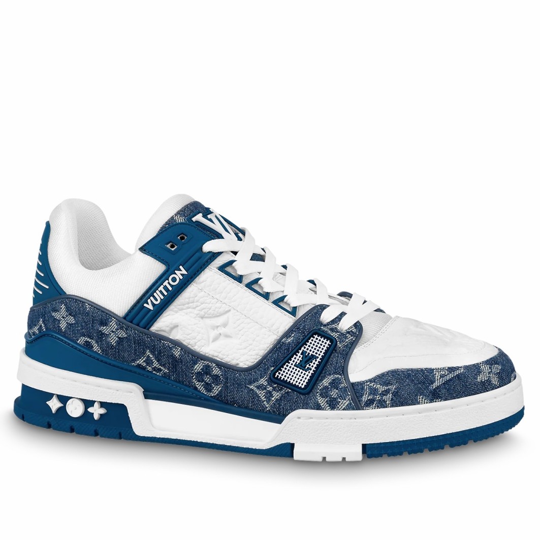 Louis Vuitton Blue/White Leather and Denim LV Trainer Sneakers