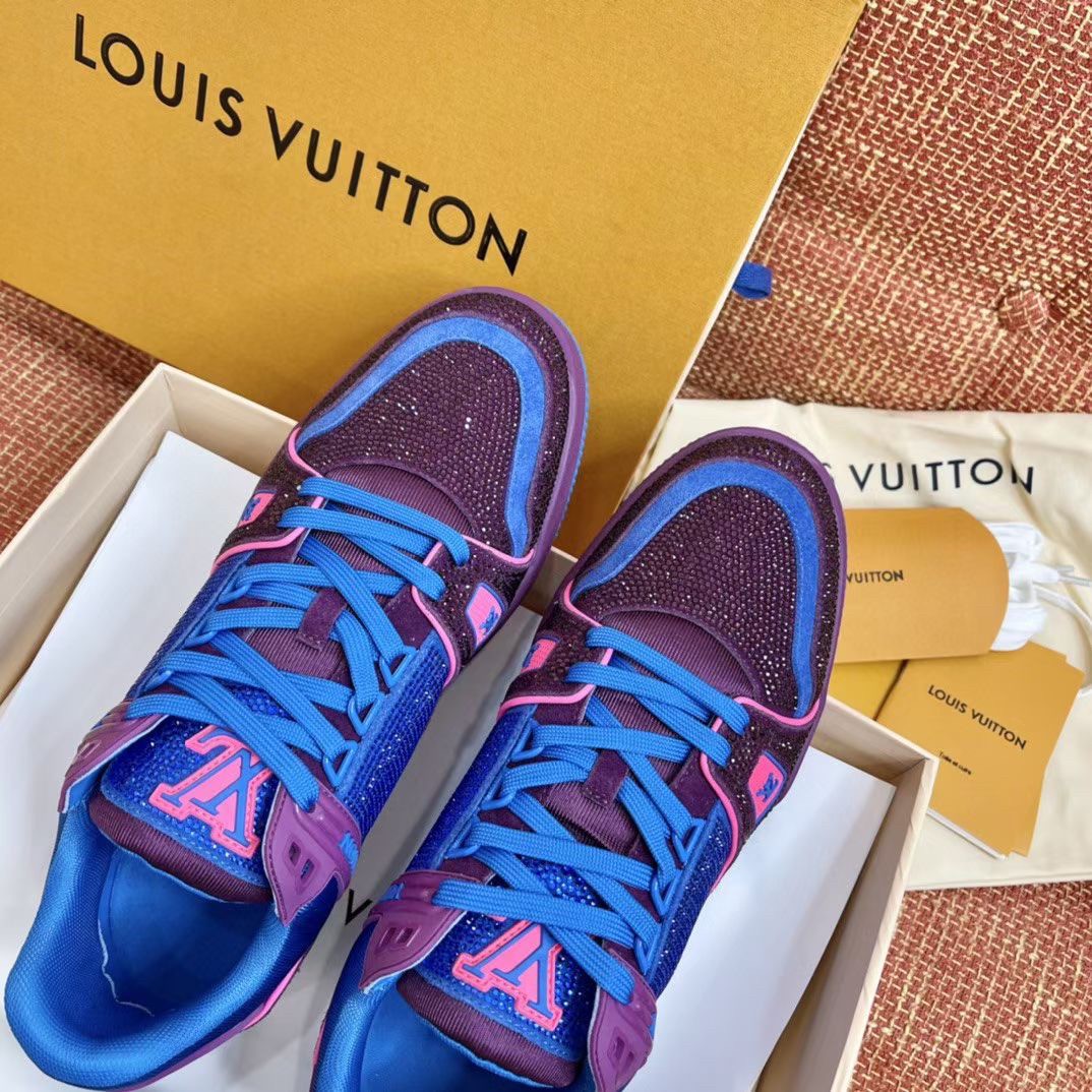 Replica Louis Vuitton Men's LV Trainer Sneakers In Purple Crystals