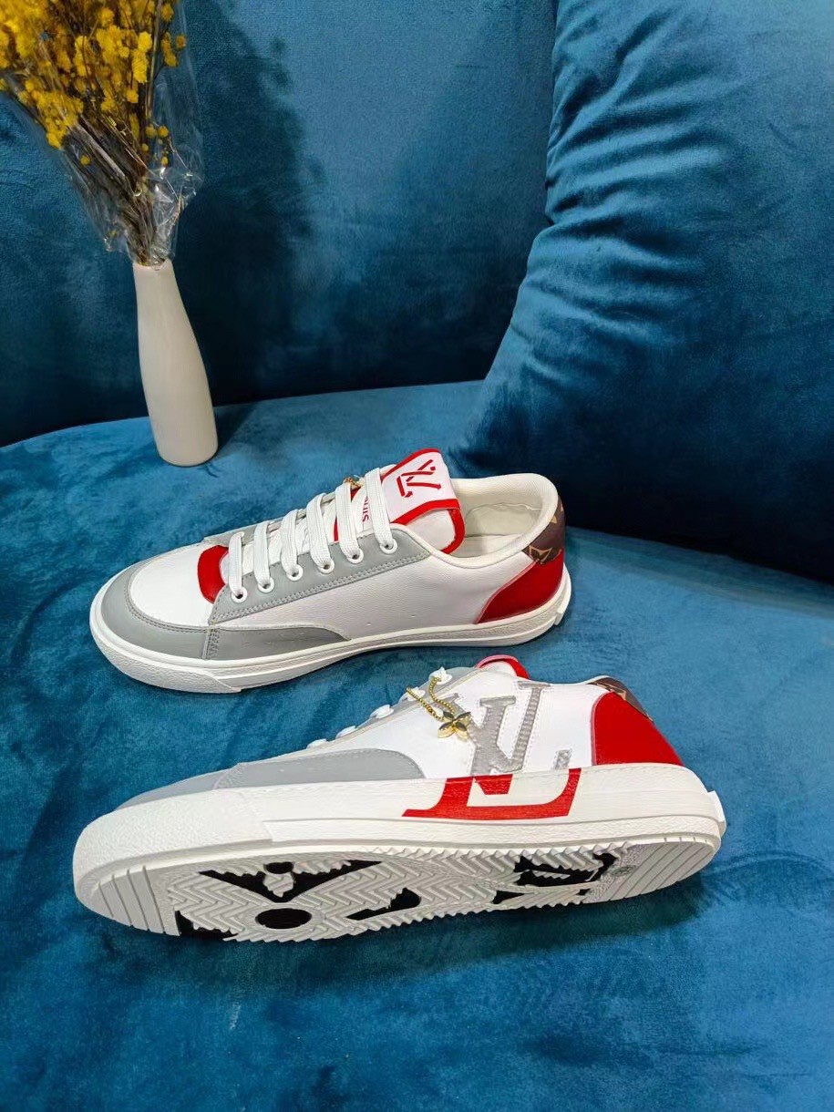Replica Louis Vuitton Charlie Sneakers In White Leather With Red