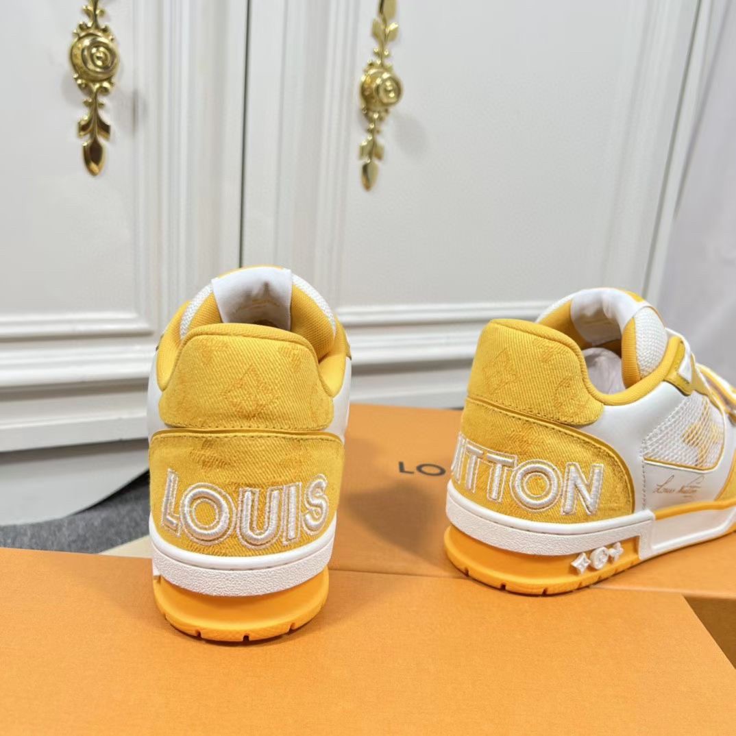 Replica Louis Vuitton Men's LV Trainer Sneakers In Yellow Denim
