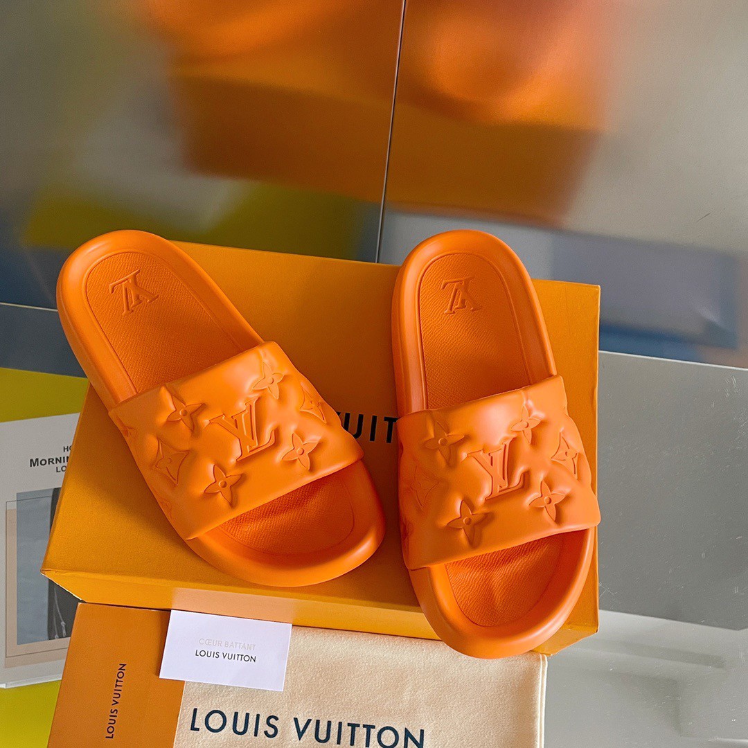 Louis Vuitton Rubber Slide Sandal Damier Graphite With Orange