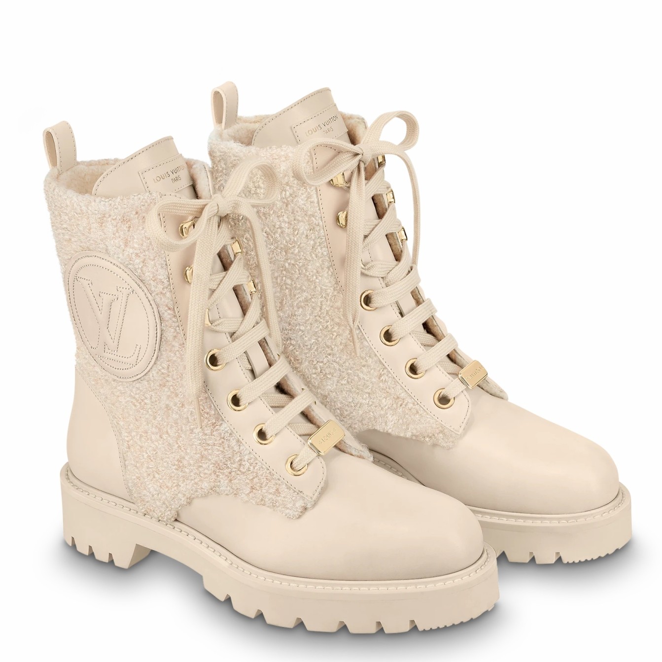 Replica Louis Vuitton Territory Flat Ranger Boots In Cream Leather with Wool