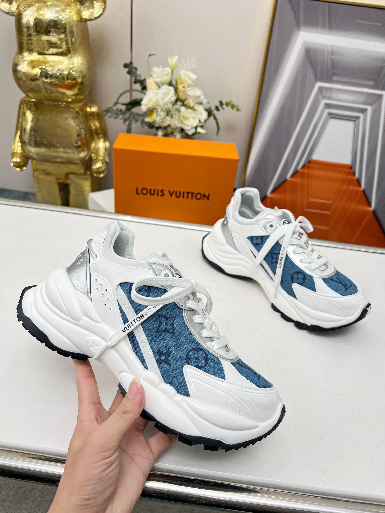 Replica Louis Vuitton Women's Run Away Sneakers In Monogram Denim