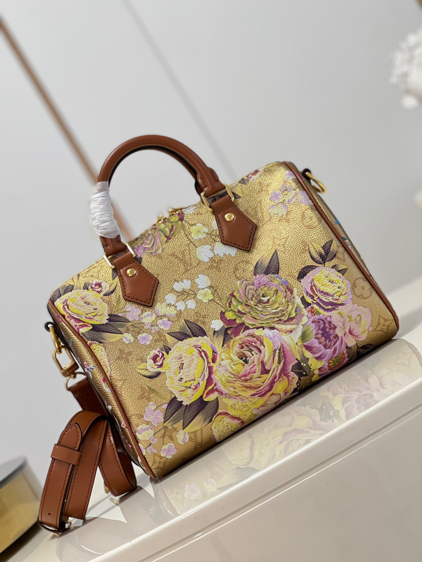 Louis Vuitton Speedy Bandouliere 25 Floral Pattern Gold
