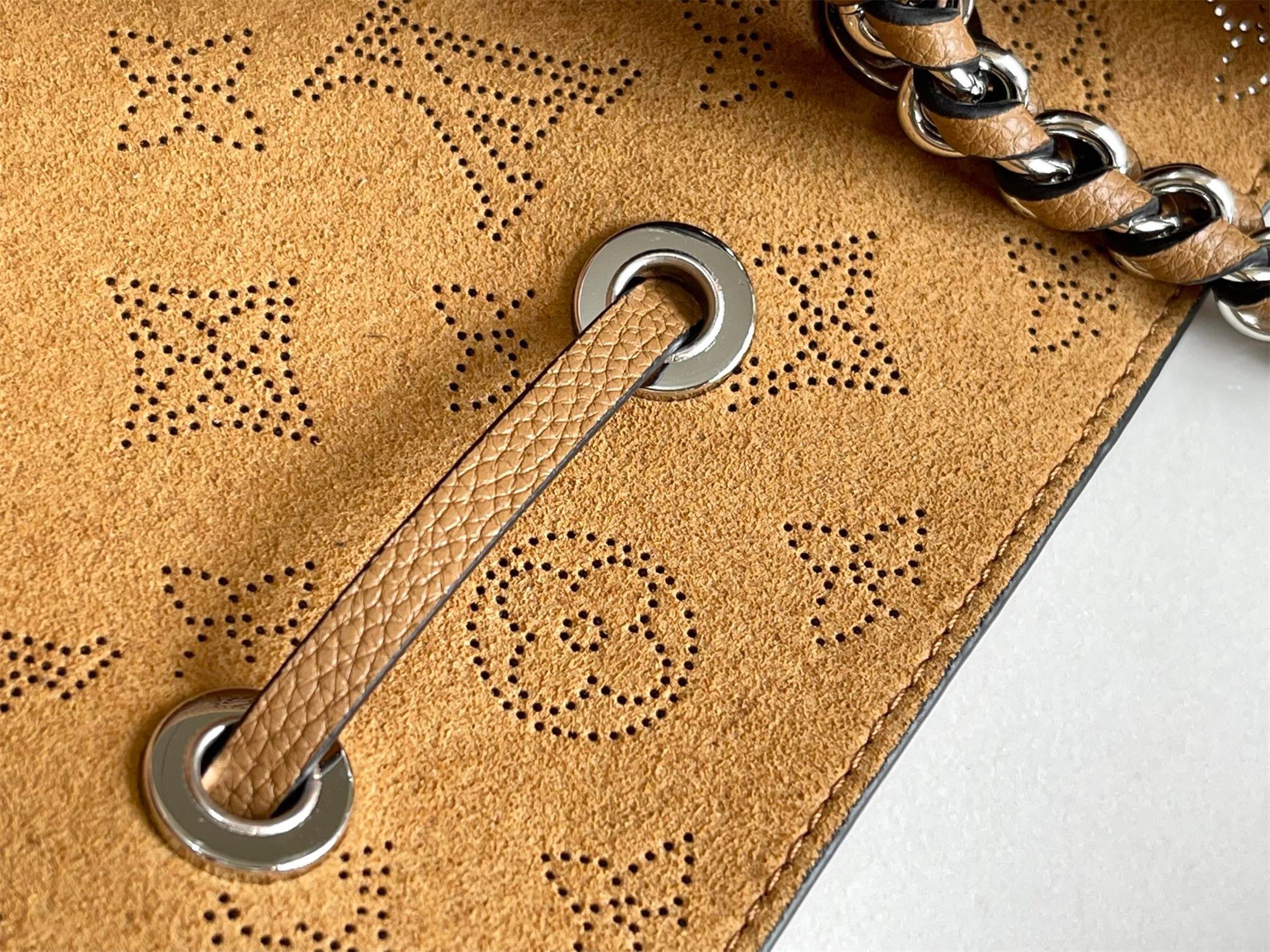 Replica Louis Vuitton M57201 Bella Bucket Bag in Mahina Calf Leather wite  Perforated Monogram Pattern Galet