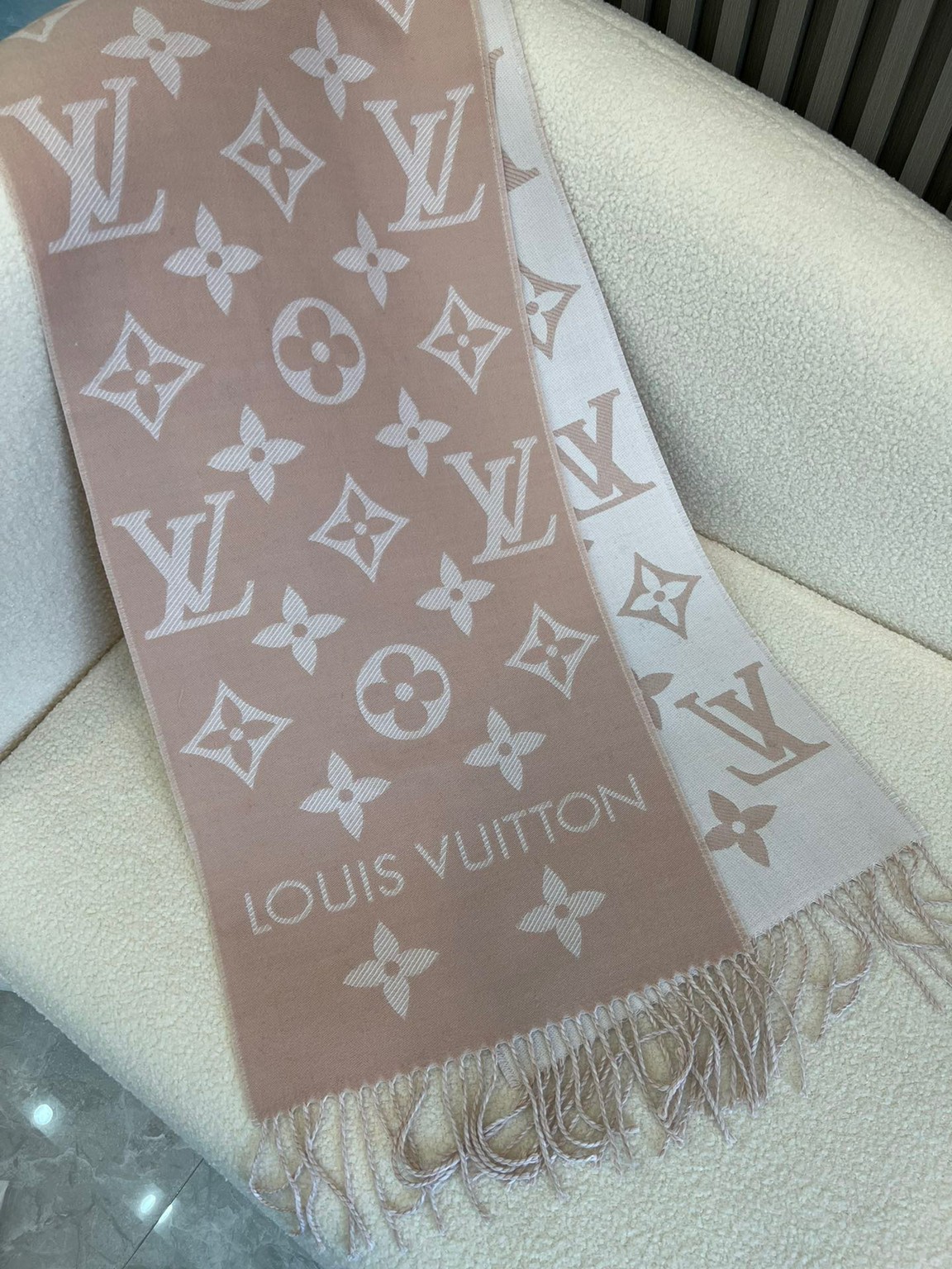 Louis Vuitton Beige Rose Monogram Silk & Wool Denim Shawl Louis Vuitton