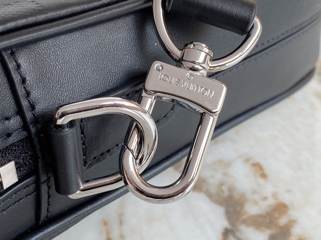 Louis Vuitton Black Leather Voyage PM Luggage Strap Silver