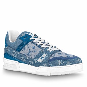Louis Vuitton Men's LV Trainer Sneakers In Blue Monogram Denim