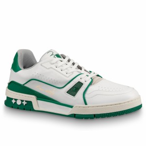 Louis Vuitton Men's LV Trainer Sneakers In White/Green Leather