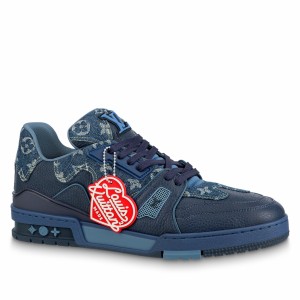 Louis Vuitton Men's LV Trainer Sneakers In Blue Denim Leather